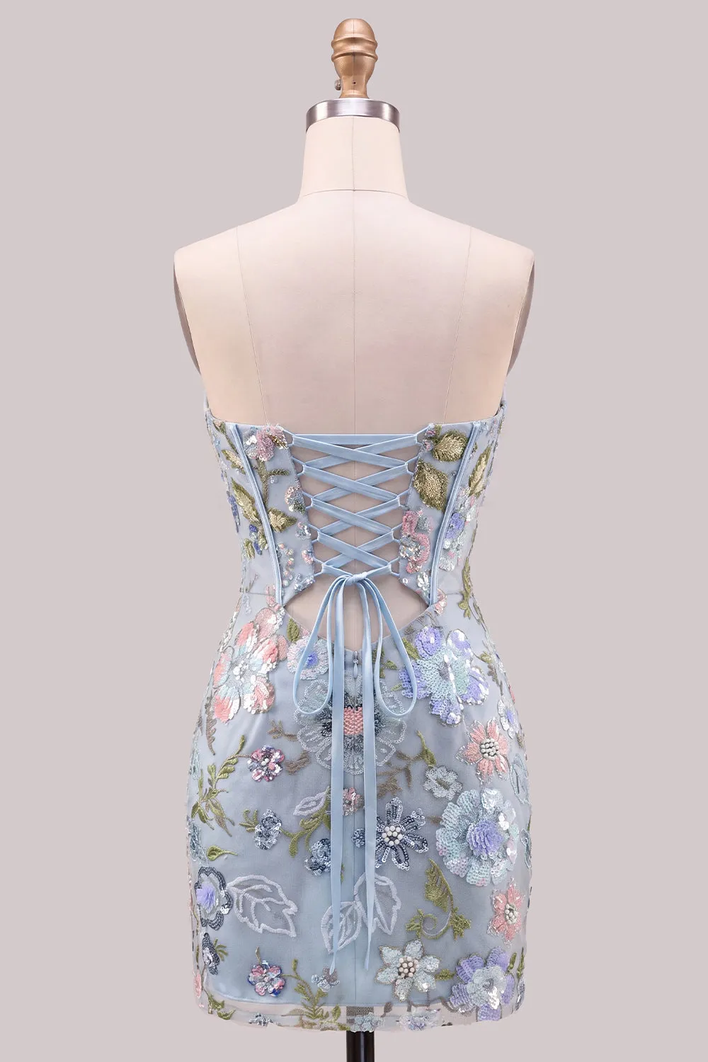 Light Blue Bodycon Strapless Sequins Corset Lace Up Back Homecoming Dress with Bow sold by Zapaka product image thumbnail 2