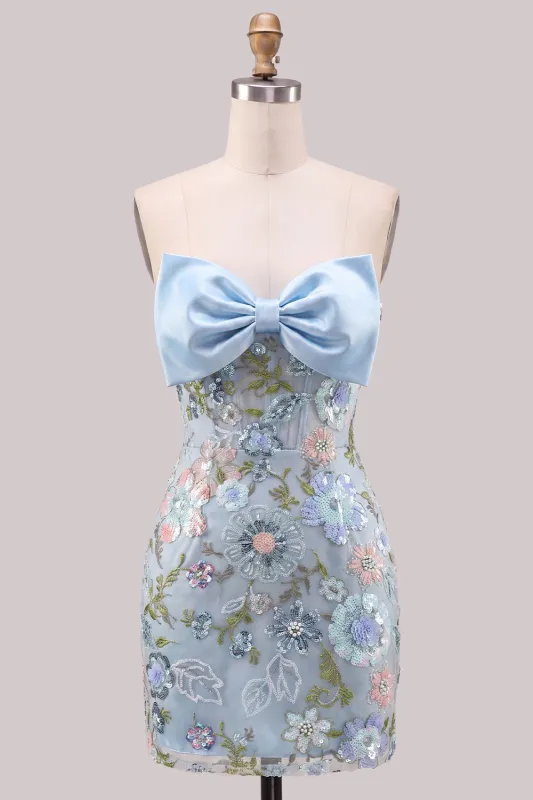 Light Blue Bodycon Strapless Sequins Corset Lace Up Back Homecoming Dress with Bow made by Zapaka