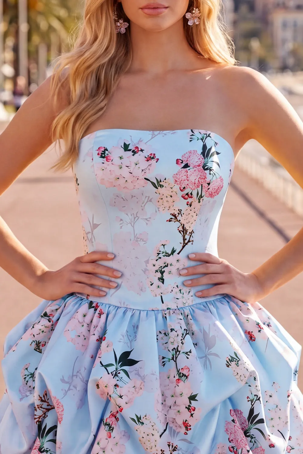 Strapless Blue A-Line Satin Floral Homecoming Dress with Lace Up Back sold by Zapaka product image thumbnail 5