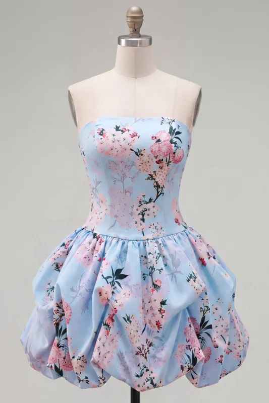 Strapless Blue A-Line Satin Floral Homecoming Dress with Lace Up Back made by Zapaka