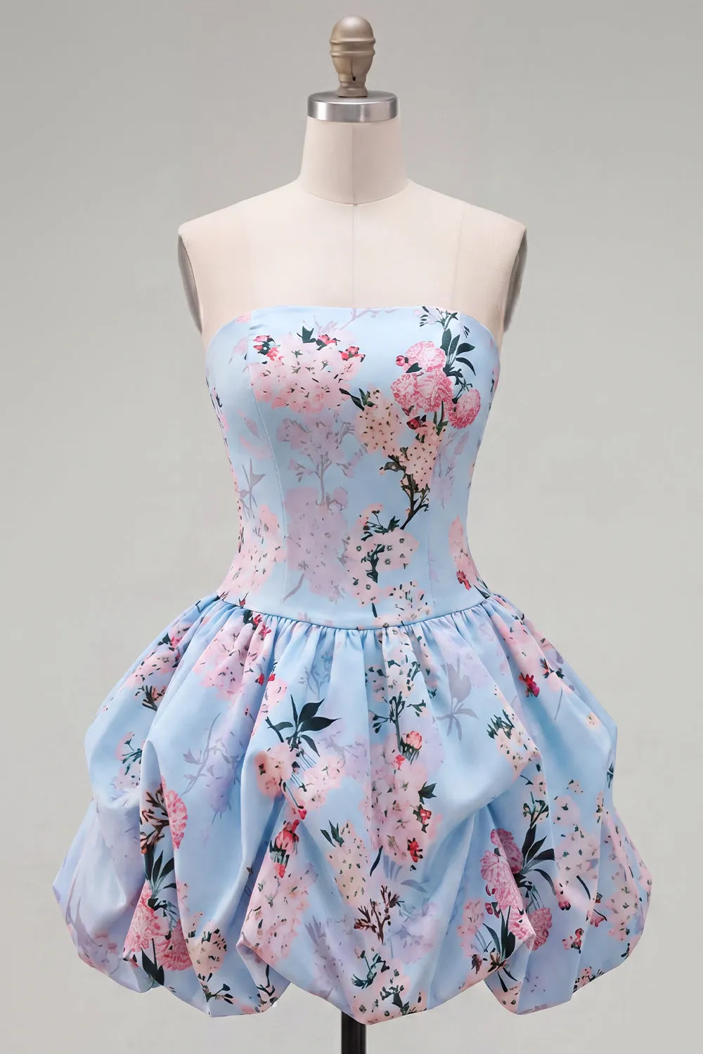 Strapless Blue A-Line Satin Floral Homecoming Dress with Lace Up Back sold by Zapaka