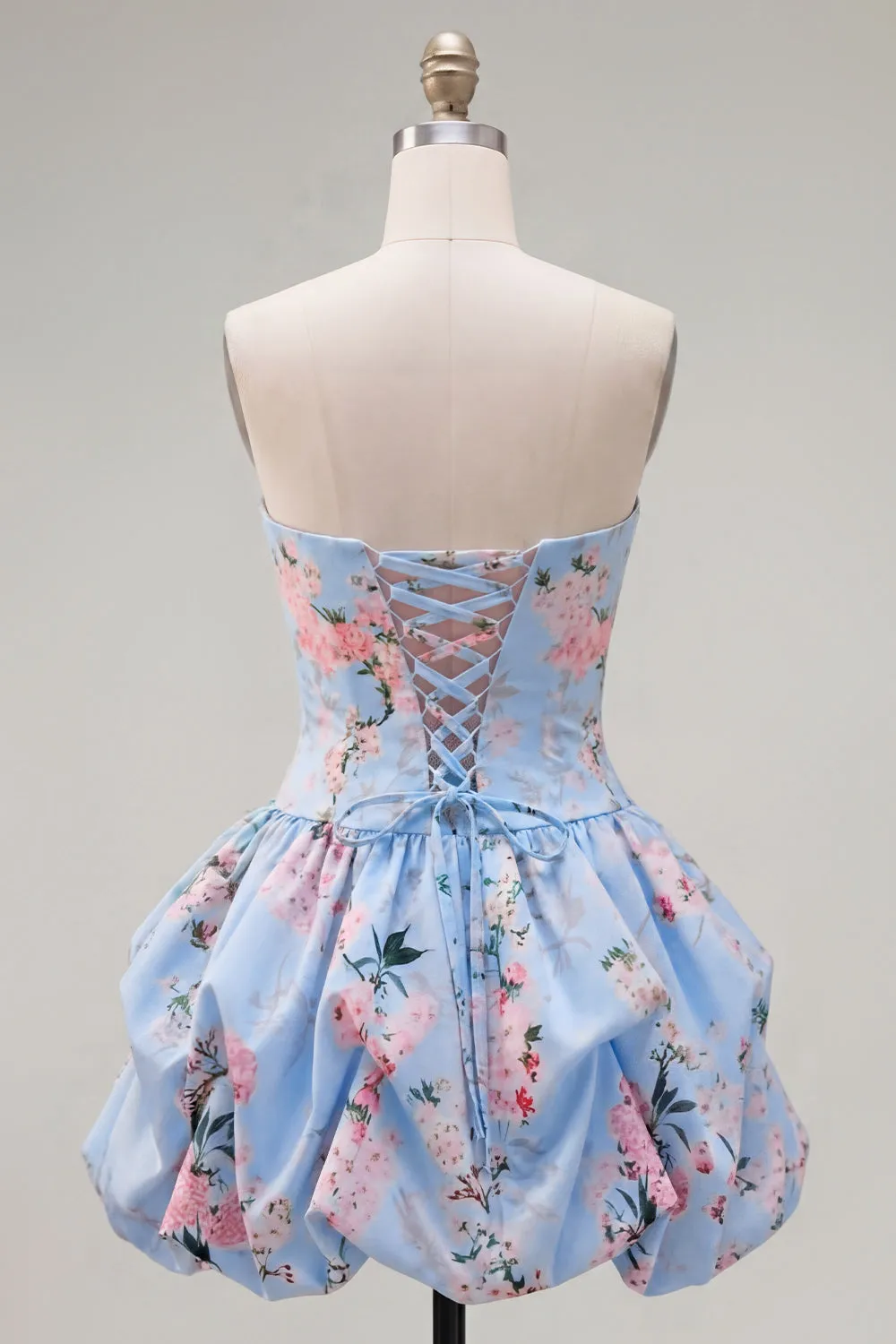 Strapless Blue A-Line Satin Floral Homecoming Dress with Lace Up Back sold by Zapaka product image thumbnail 2