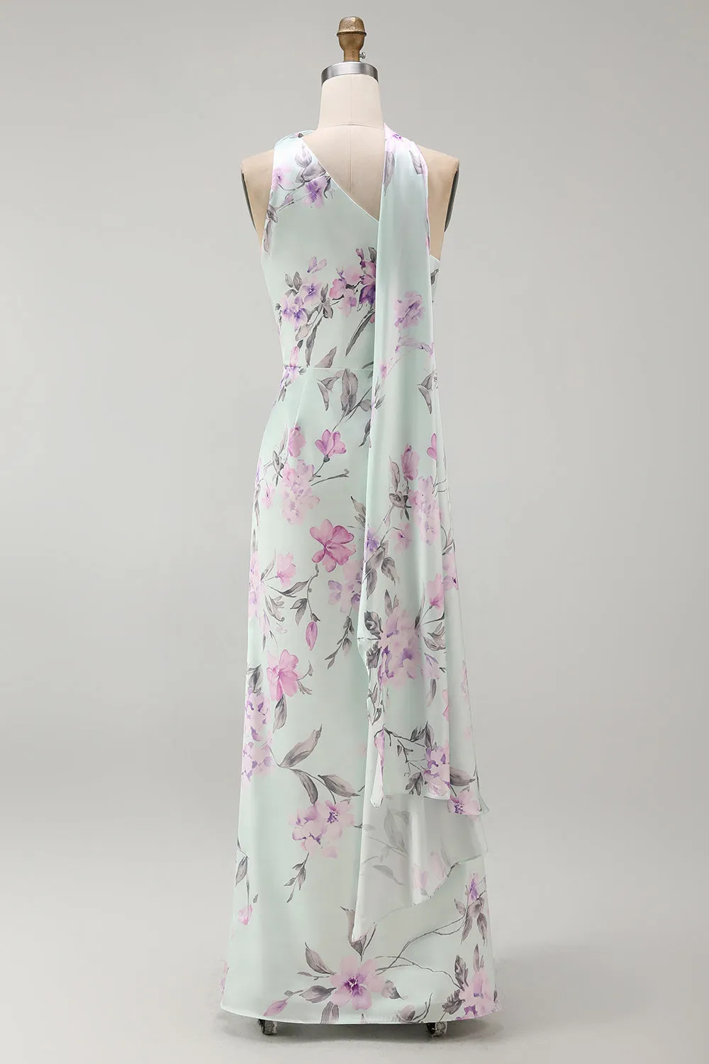 Green Flower One Shoulder Mermaid Satin Long Bridesmaid Dress sold by Zapaka product image thumbnail 2
