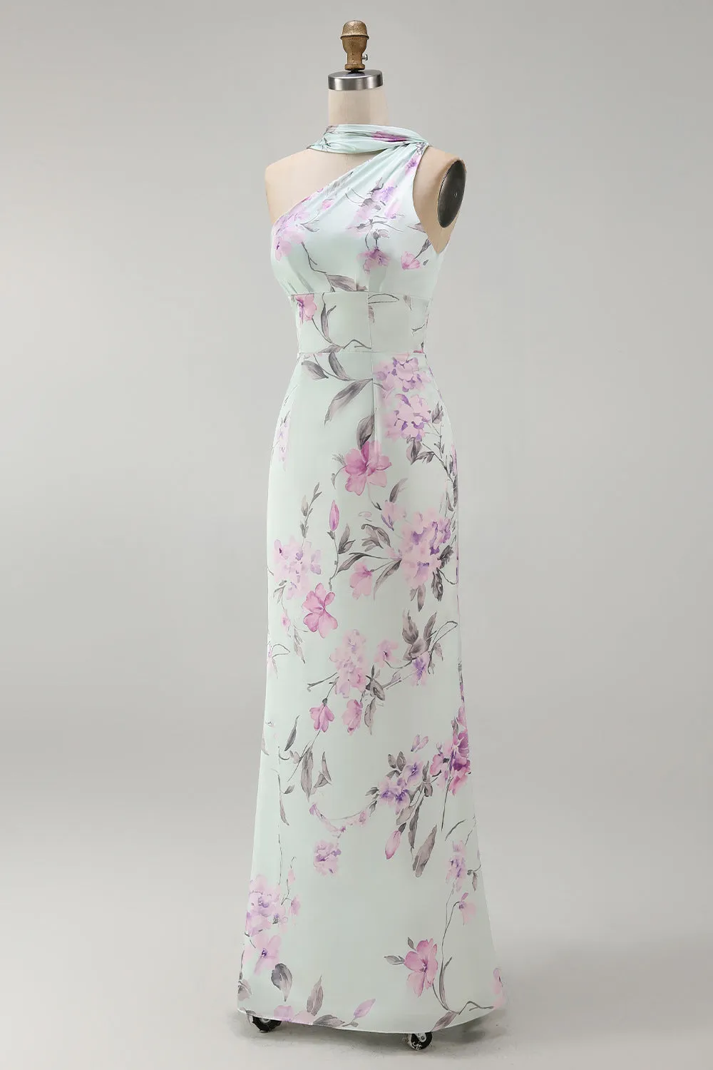 Green Flower One Shoulder Mermaid Satin Long Bridesmaid Dress sold by Zapaka product image thumbnail 3