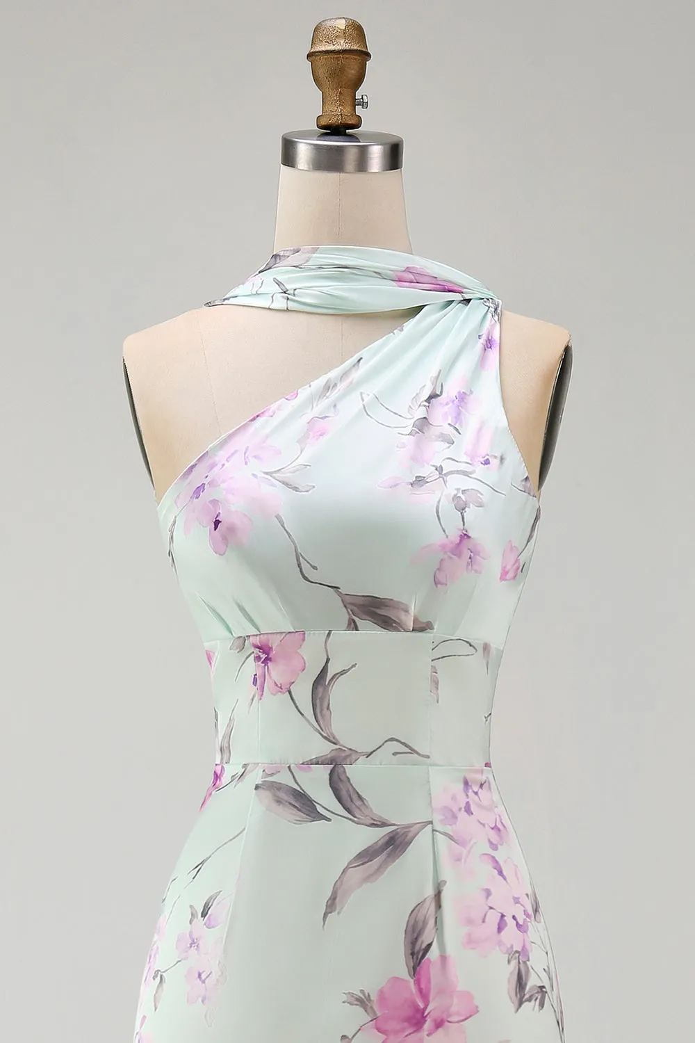 Green Flower One Shoulder Mermaid Satin Long Bridesmaid Dress sold by Zapaka product image thumbnail 4
