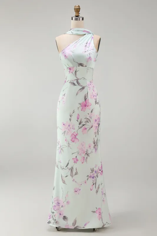 Green Flower One Shoulder Mermaid Satin Long Bridesmaid Dress made by Zapaka