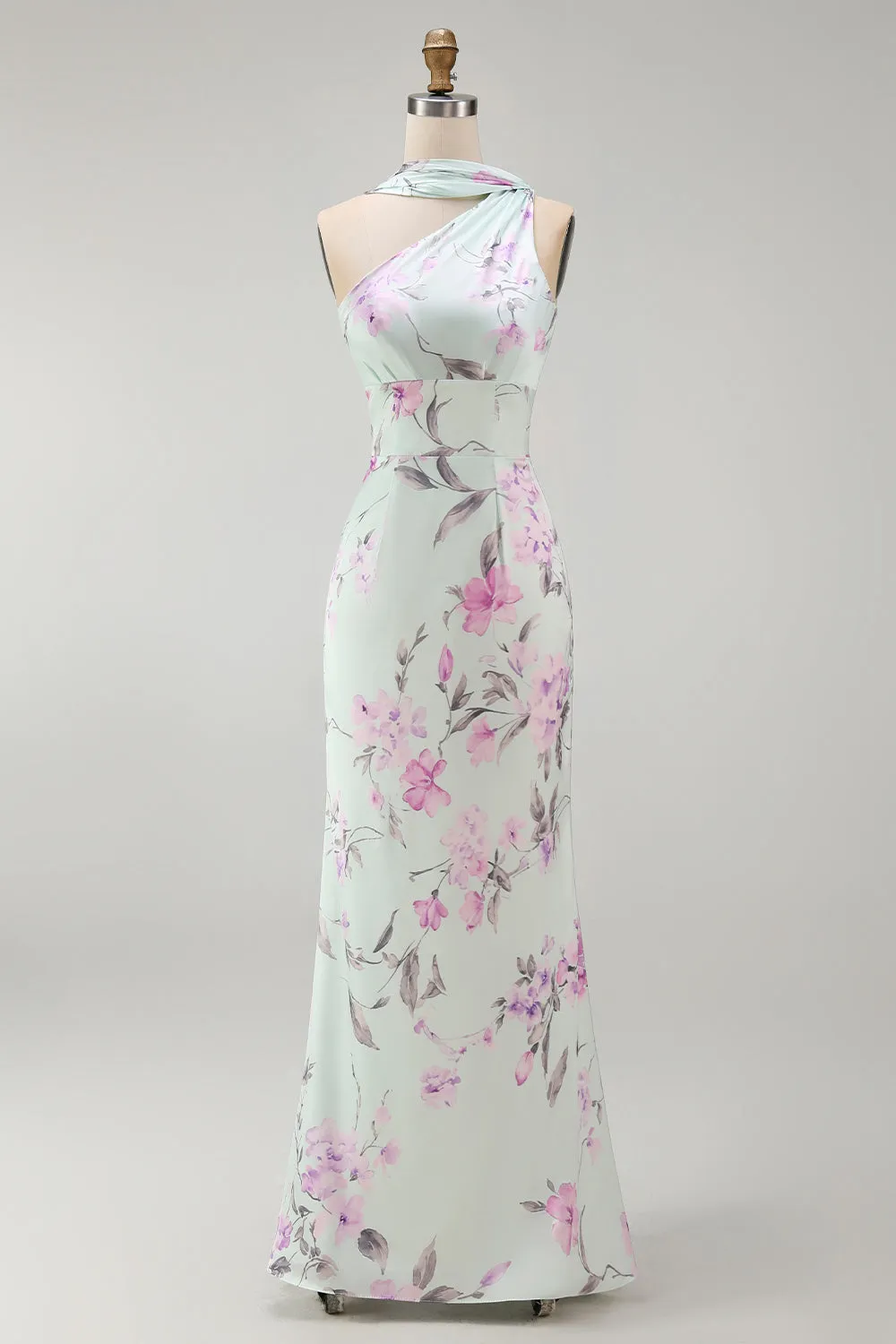 Green Flower One Shoulder Mermaid Satin Long Bridesmaid Dress sold by Zapaka