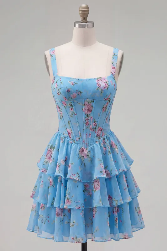 Blue Chiffon Corset Tiered Floral A-Line Square Neck Short Homecoming Dress made by Zapaka
