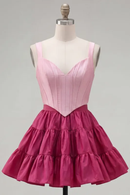 Pink Fuchsia A-Line Corset 2 Piece Thick Straps Short Homecoming Dress with Ruffles made by Zapaka