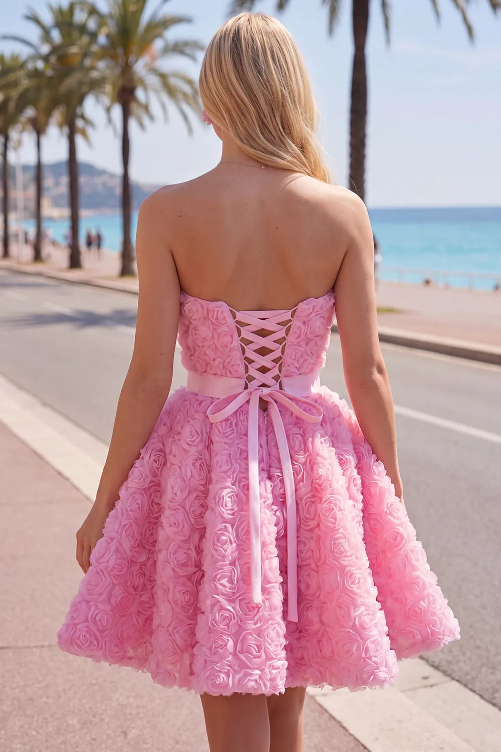 Sweetheart Pink A-Line 3D Floral Short Homecoming Dress with Lace Up Back sold by Zapaka product image thumbnail 3