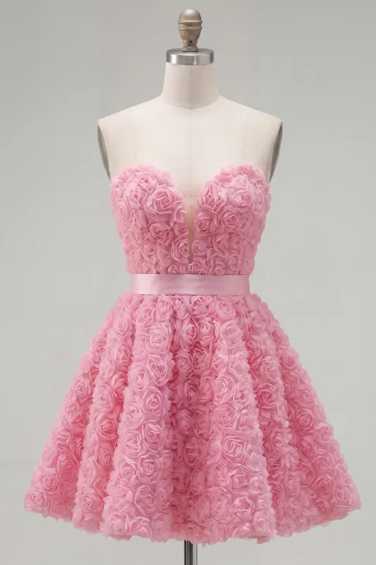 Sweetheart Pink A-Line 3D Floral Short Homecoming Dress with Lace Up Back made by Zapaka