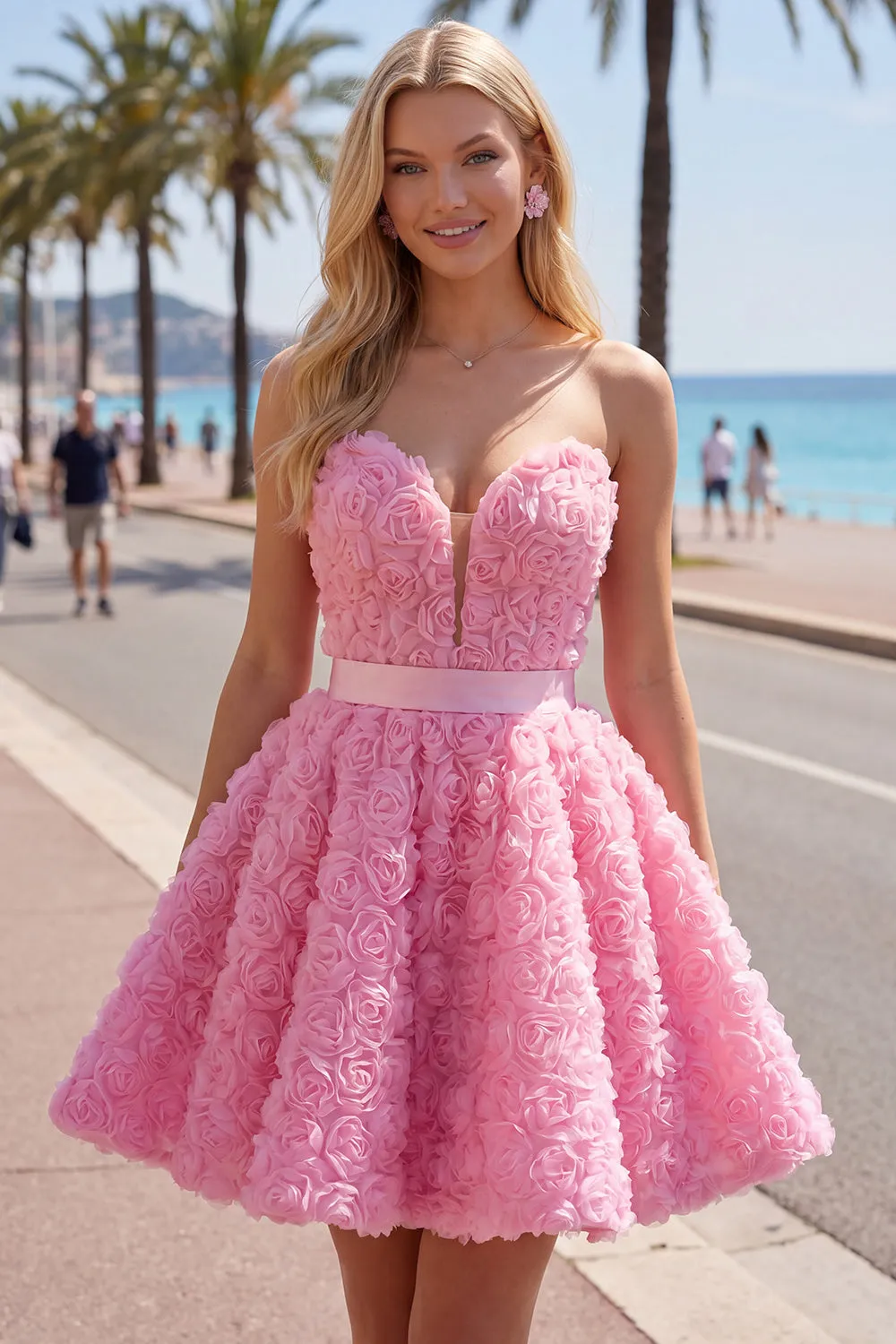 Sweetheart Pink A-Line 3D Floral Short Homecoming Dress with Lace Up Back sold by Zapaka product image thumbnail 2