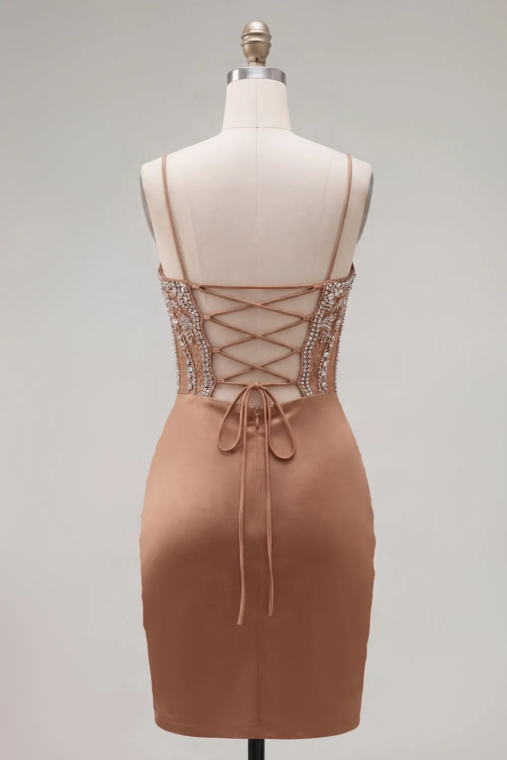 Khaki Bodycon Ruched Spaghetti Straps Lace Up Back Homecoming Dress with Beading sold by Zapaka product image thumbnail 2