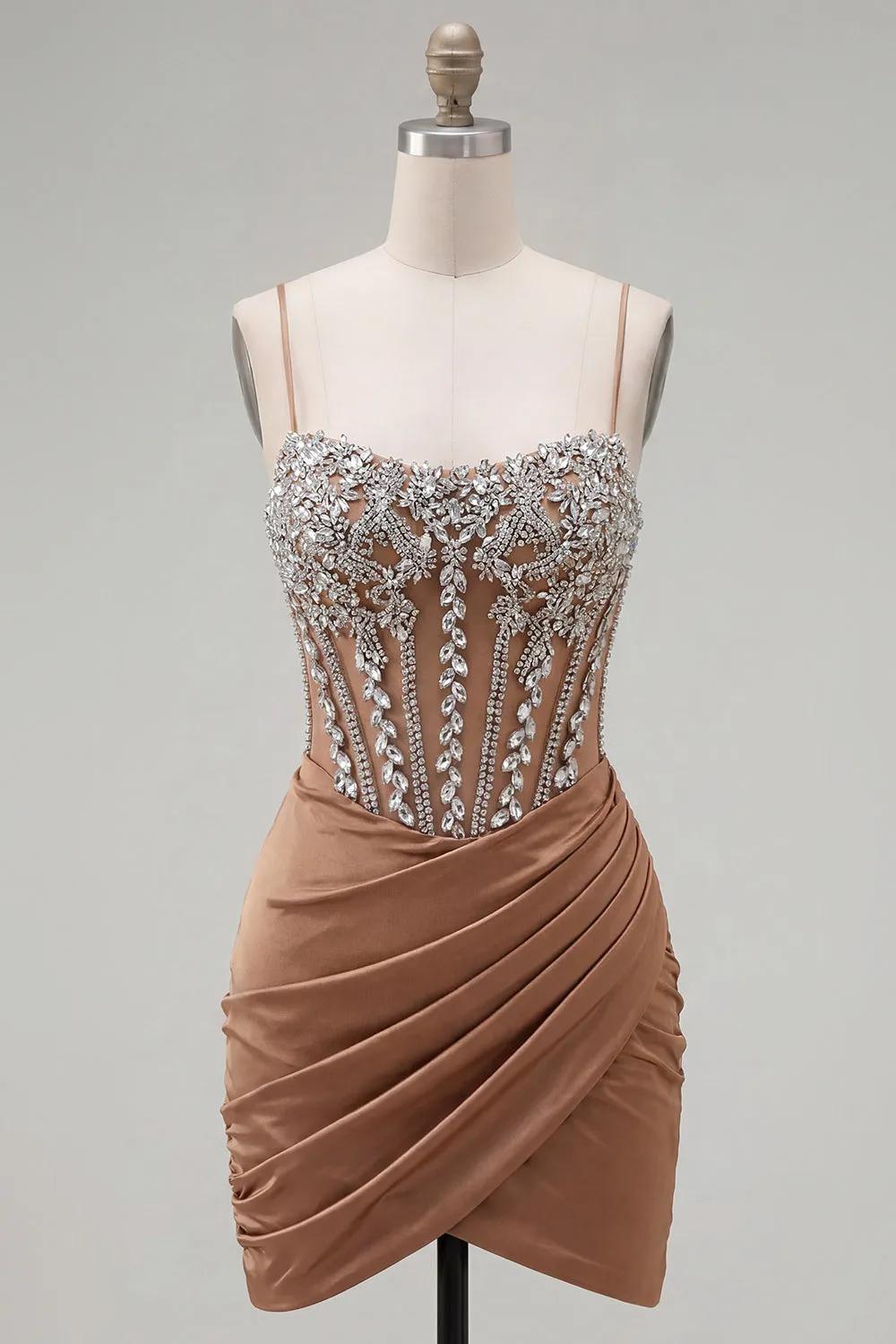 Khaki Bodycon Ruched Spaghetti Straps Lace Up Back Homecoming Dress with Beading sold by Zapaka