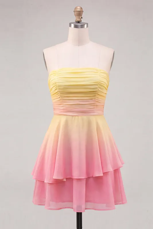 Yellow and Pink Strapless A-Line Ruched Tiered Chiffon Homecoming Dress made by Zapaka