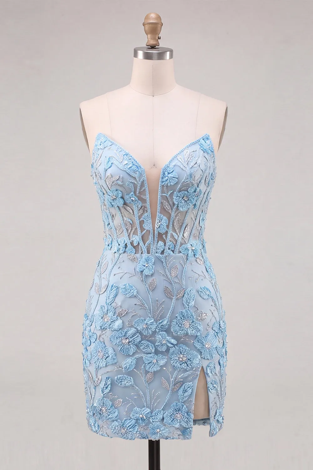 Sky Blue Sweetheart Corset Floral Appliqued Tight Homecoming Dress with Slit sold by Zapaka