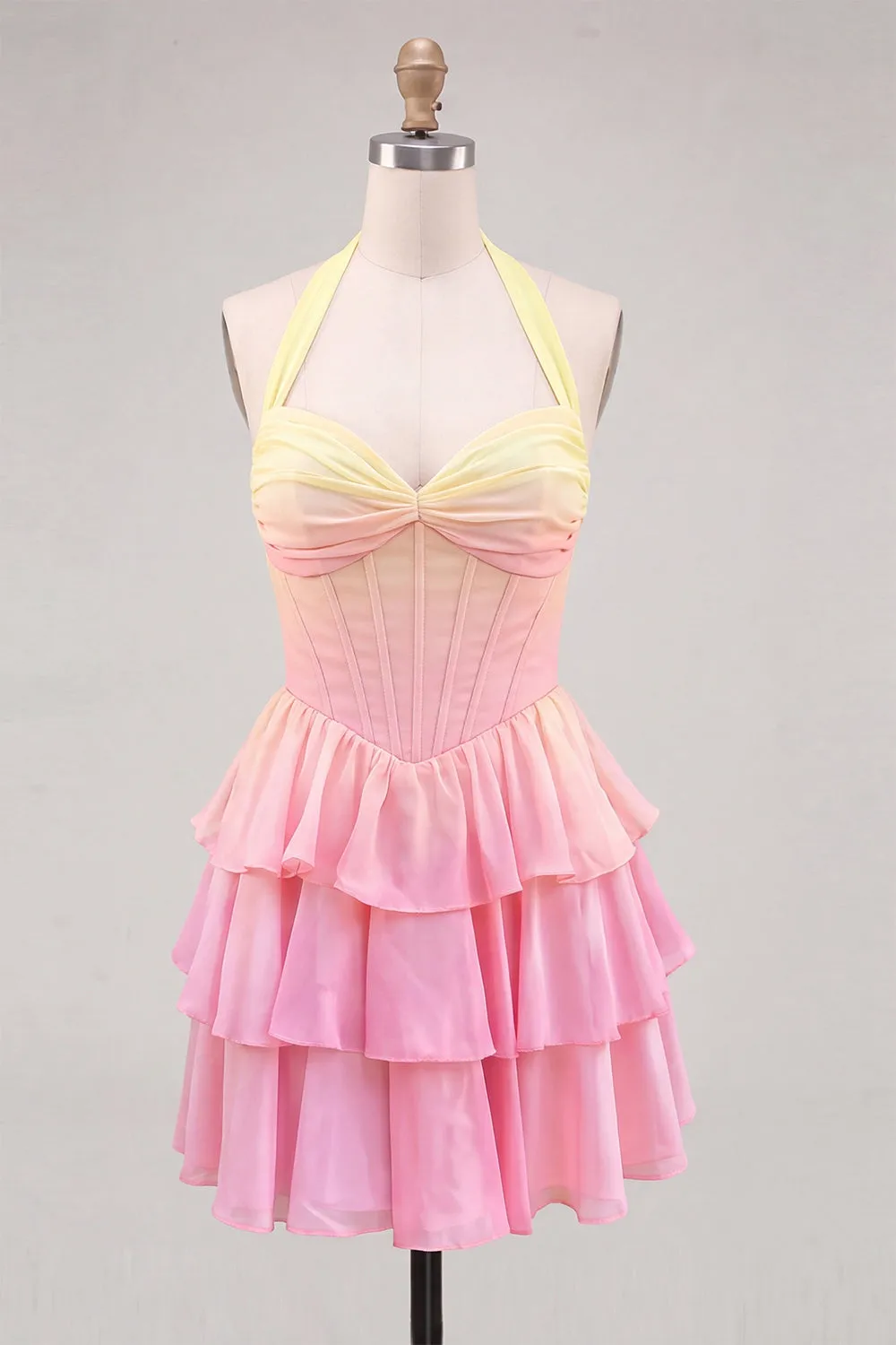A-Line Yellow and Pink Halter Neck Corset Tiered Chiffon Homecoming Dress sold by Zapaka
