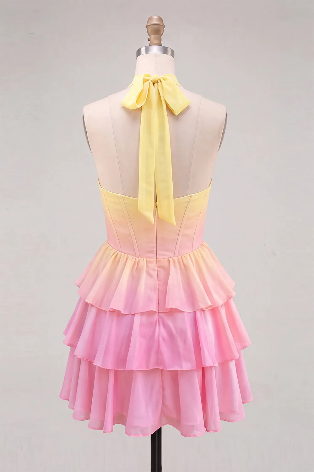 A-Line Yellow and Pink Halter Neck Corset Tiered Chiffon Homecoming Dress sold by Zapaka product image thumbnail 2