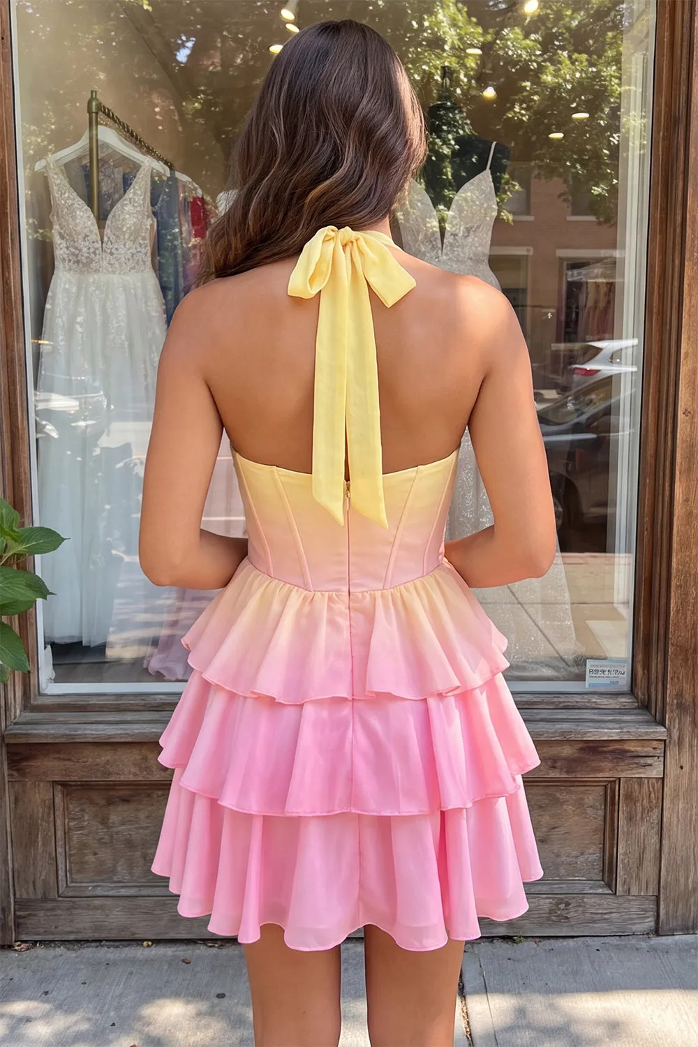 A-Line Yellow and Pink Halter Neck Corset Tiered Chiffon Homecoming Dress sold by Zapaka product image thumbnail 4