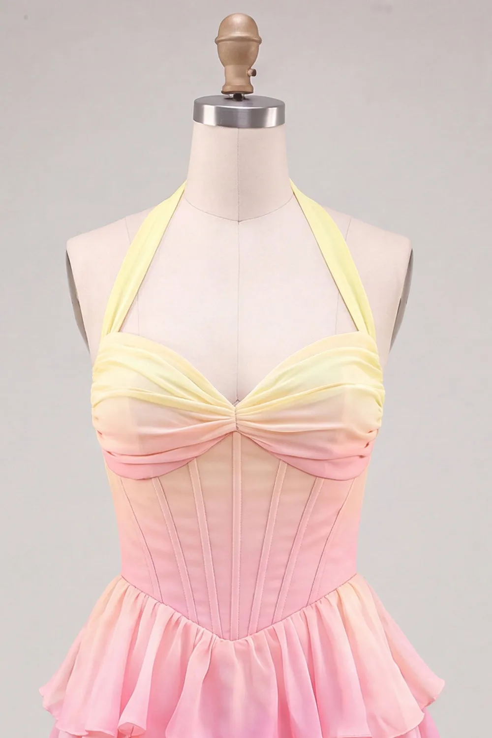 A-Line Yellow and Pink Halter Neck Corset Tiered Chiffon Homecoming Dress sold by Zapaka product image thumbnail 5