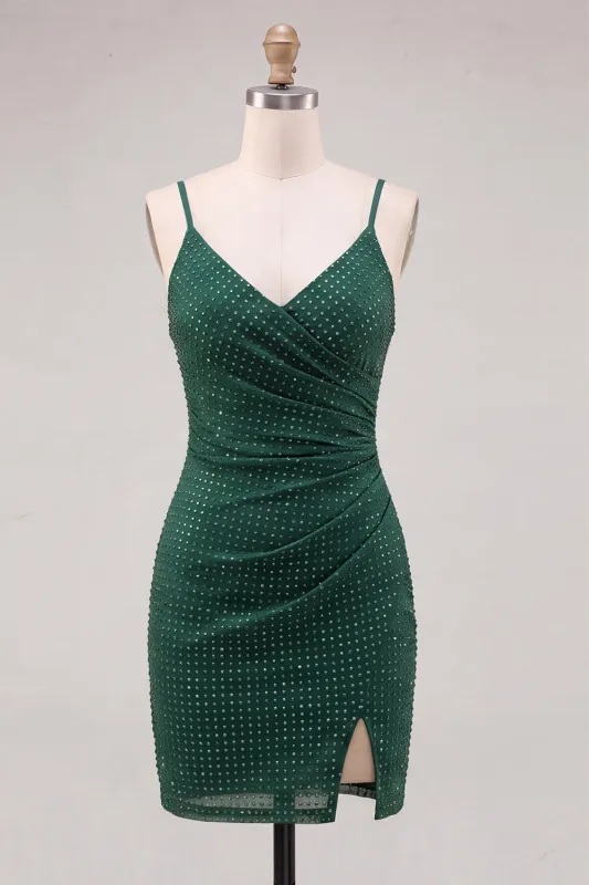 Dark Green Bodycon Ruched Spaghetti Straps Beaded Homecoming Dress with Slit made by Zapaka