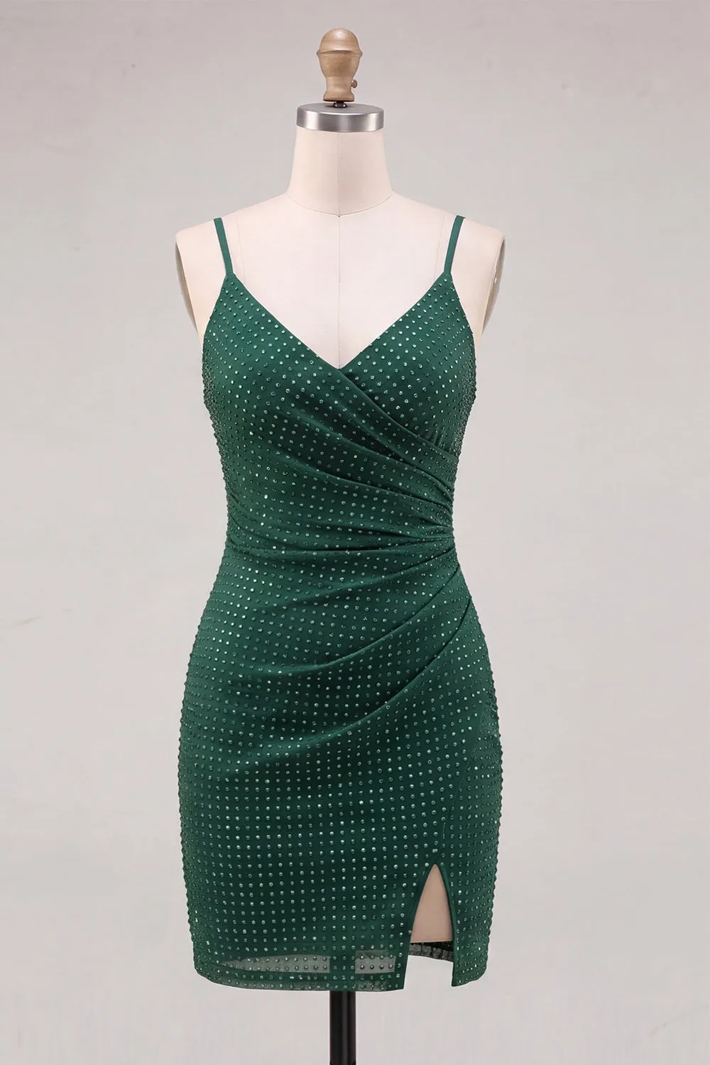 Dark Green Bodycon Ruched Spaghetti Straps Beaded Homecoming Dress with Slit sold by Zapaka