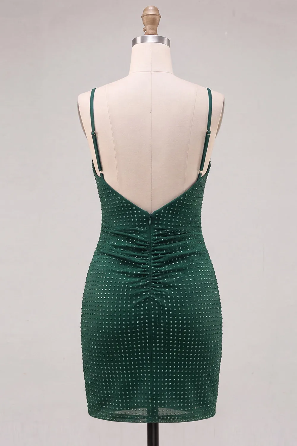 Dark Green Bodycon Ruched Spaghetti Straps Beaded Homecoming Dress with Slit sold by Zapaka product image thumbnail 2