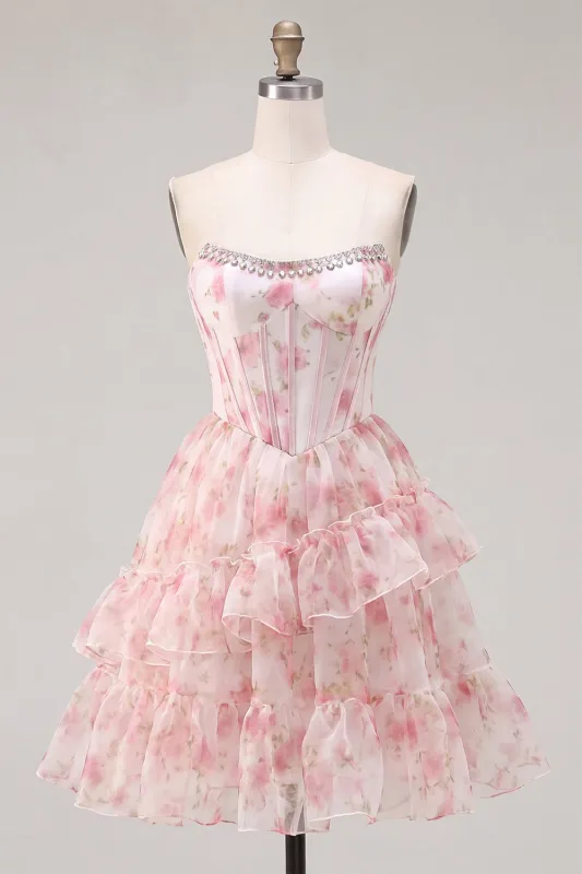 A-Line Pink Sweetheart Corset Tiered Ruffled Floral Homecoming Dress with Lace Up Back made by Zapaka