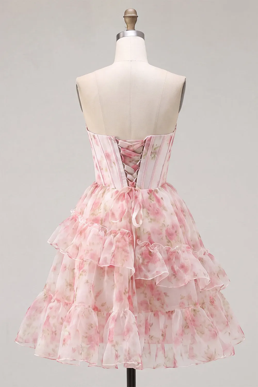 A-Line Pink Sweetheart Corset Tiered Ruffled Floral Homecoming Dress with Lace Up Back sold by Zapaka product image thumbnail 2