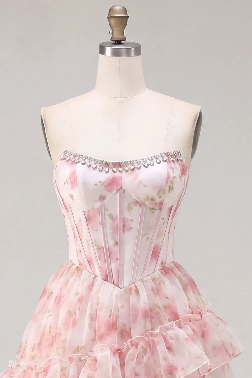 A-Line Pink Sweetheart Corset Tiered Ruffled Floral Homecoming Dress with Lace Up Back sold by Zapaka product image thumbnail 5