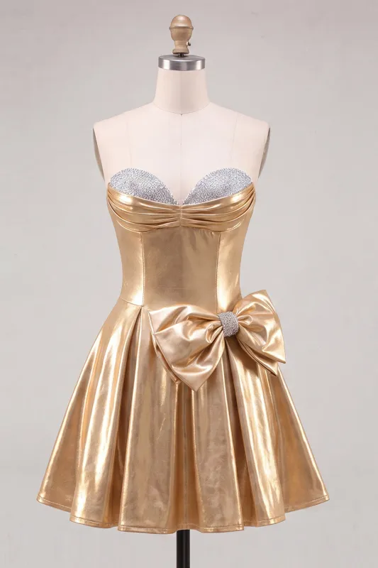 Gold Metallic Sweetheart A-Line Beaded Homecoming Dress with Bow made by Zapaka