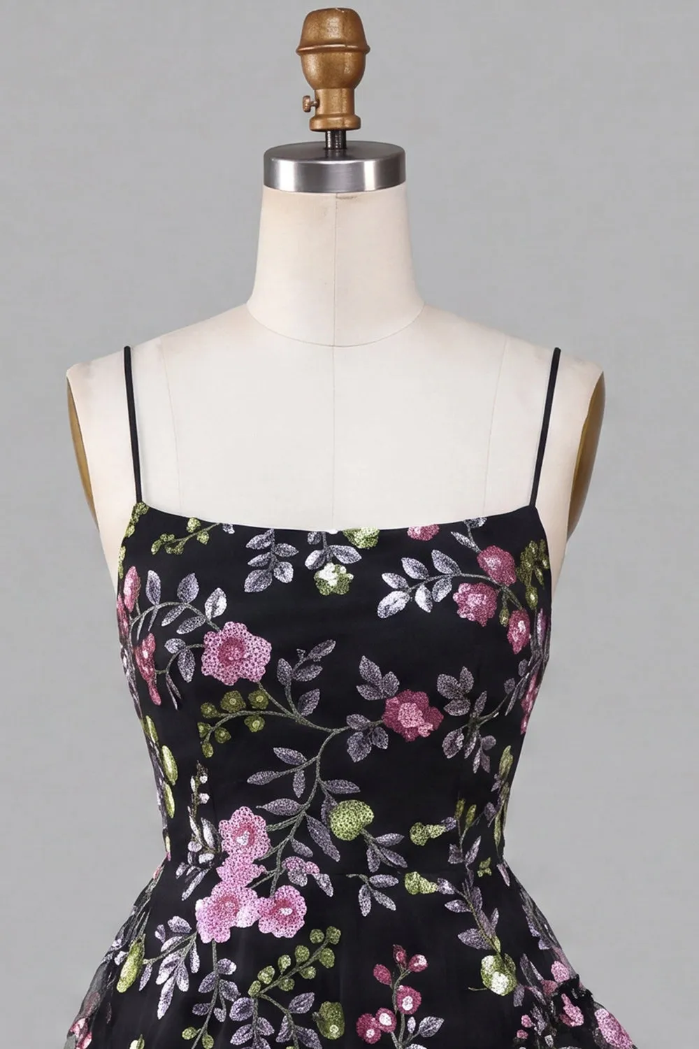 A-Line Black Spaghetti Straps Tiered Floral Lace Up Back Homecoming Dress with Sequins sold by Zapaka product image thumbnail 5