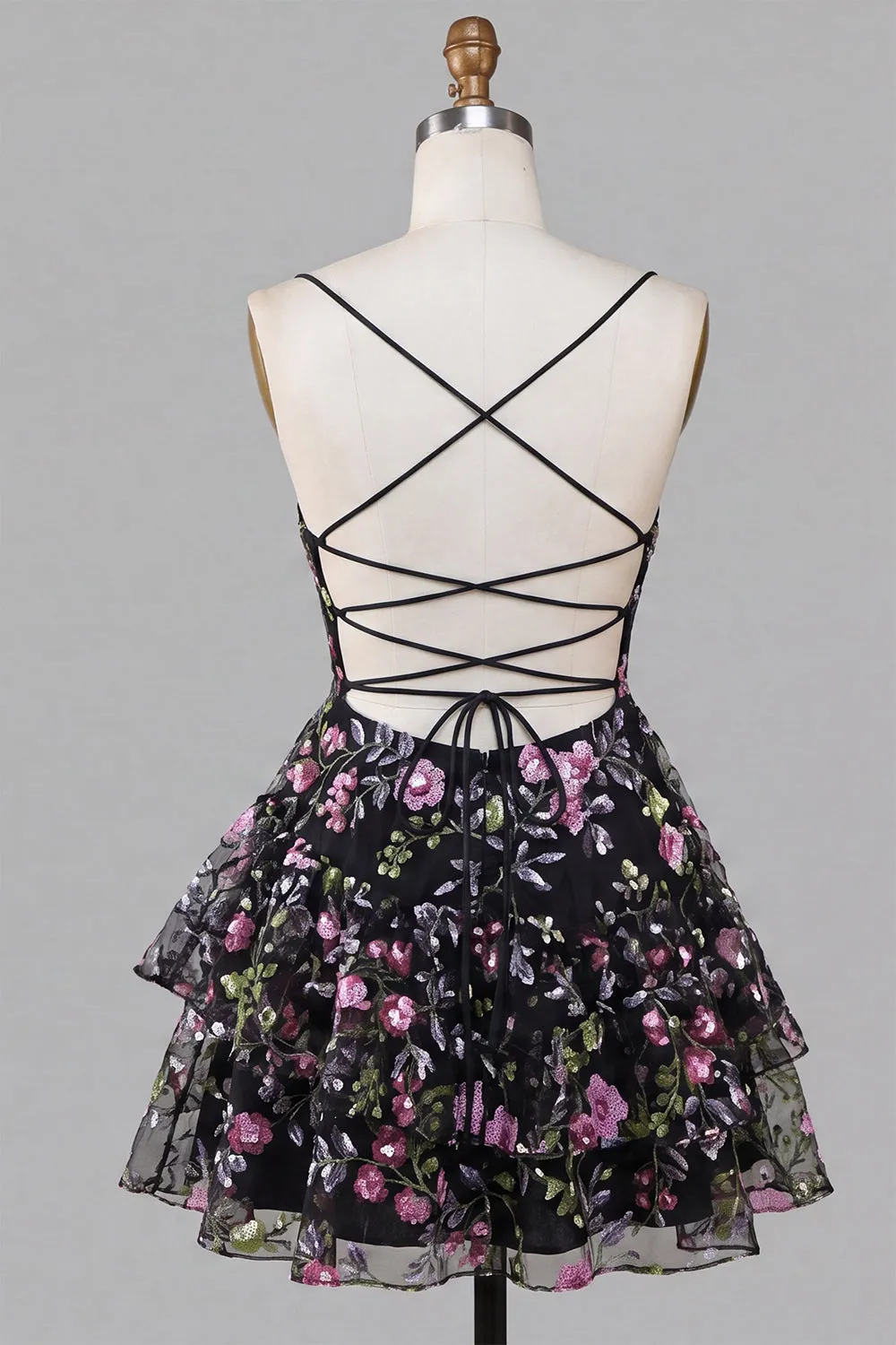 A-Line Black Spaghetti Straps Tiered Floral Lace Up Back Homecoming Dress with Sequins sold by Zapaka product image thumbnail 2