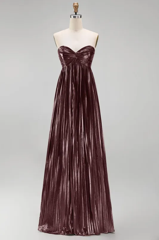 Coffee A-Line Sweetheart Metallic Pleated Ruched Long Prom Dress made by Zapaka