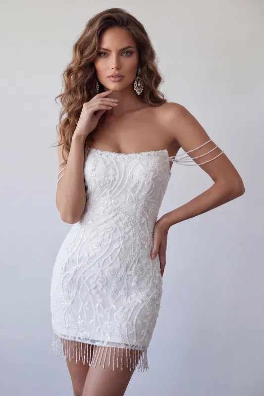 Off The Shoulder Beaded White Bodycon Short Homecoming Dress with Fringes made by Zapaka