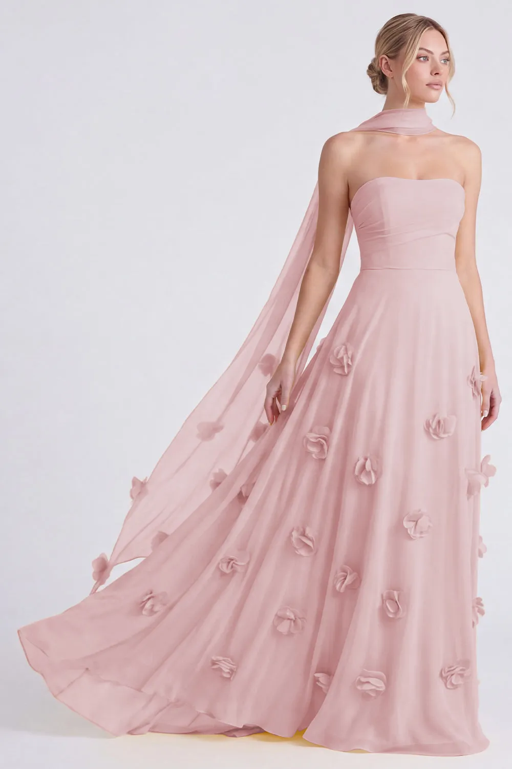 Daffodil Strapless A-Line Chiffon Long Bridesmaid Dress with 3D Flowers sold by Zapaka product image thumbnail 5