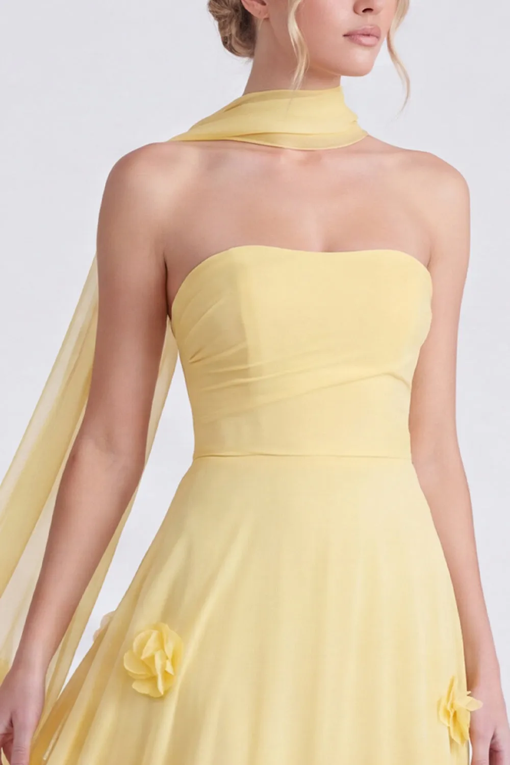 Daffodil Strapless A-Line Chiffon Long Bridesmaid Dress with 3D Flowers sold by Zapaka product image thumbnail 3