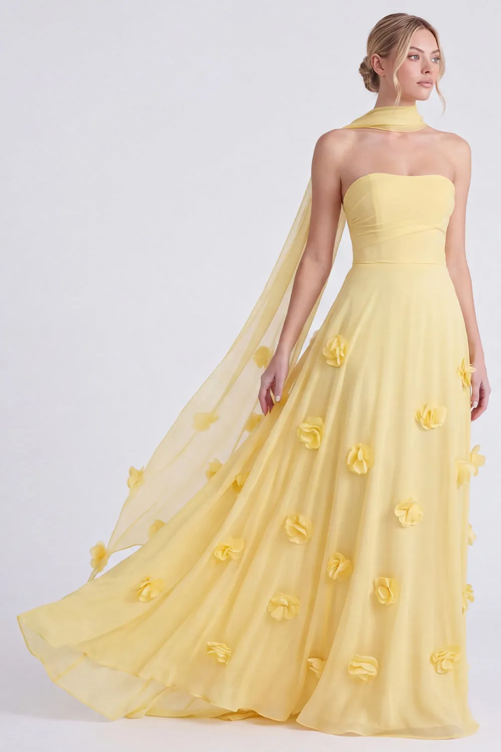 Daffodil Strapless A-Line Chiffon Long Bridesmaid Dress with 3D Flowers sold by Zapaka