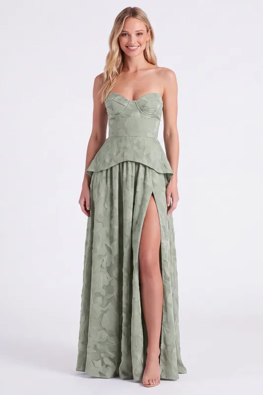 Sweetheart Dusty Sage Floral A-Line Ruffled Long Bridesmaid Dress with Slit made by Zapaka