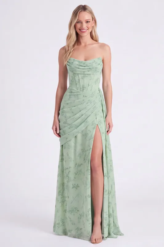Dusty Sage Strapless Corset Mermaid Chiffon Ruched Floral Long Bridesmaid Dress with Slit made by Zapaka