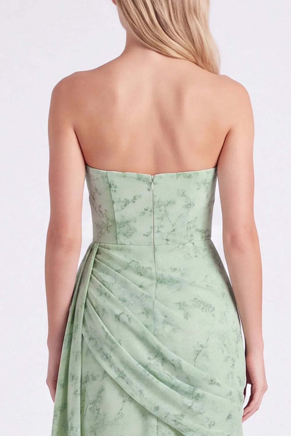 Dusty Sage Strapless Corset Mermaid Chiffon Ruched Floral Long Bridesmaid Dress with Slit sold by Zapaka product image thumbnail 5