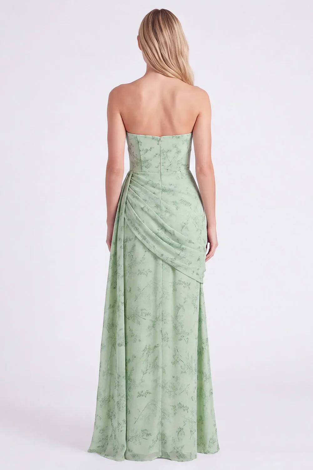 Dusty Sage Strapless Corset Mermaid Chiffon Ruched Floral Long Bridesmaid Dress with Slit sold by Zapaka product image thumbnail 2