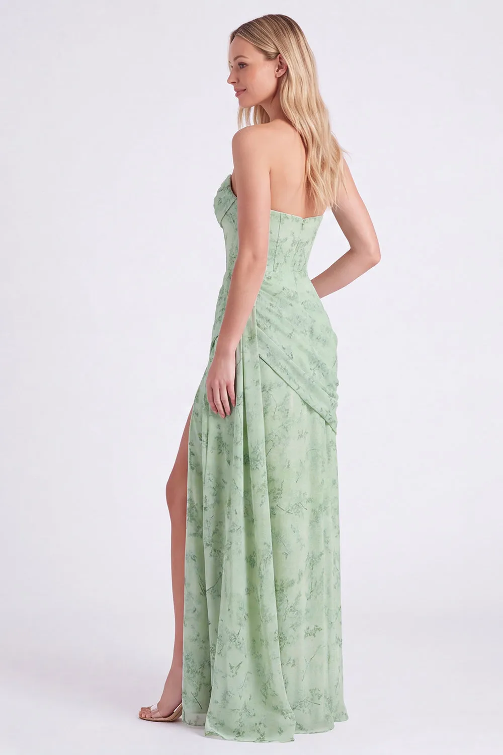 Dusty Sage Strapless Corset Mermaid Chiffon Ruched Floral Long Bridesmaid Dress with Slit sold by Zapaka product image thumbnail 3