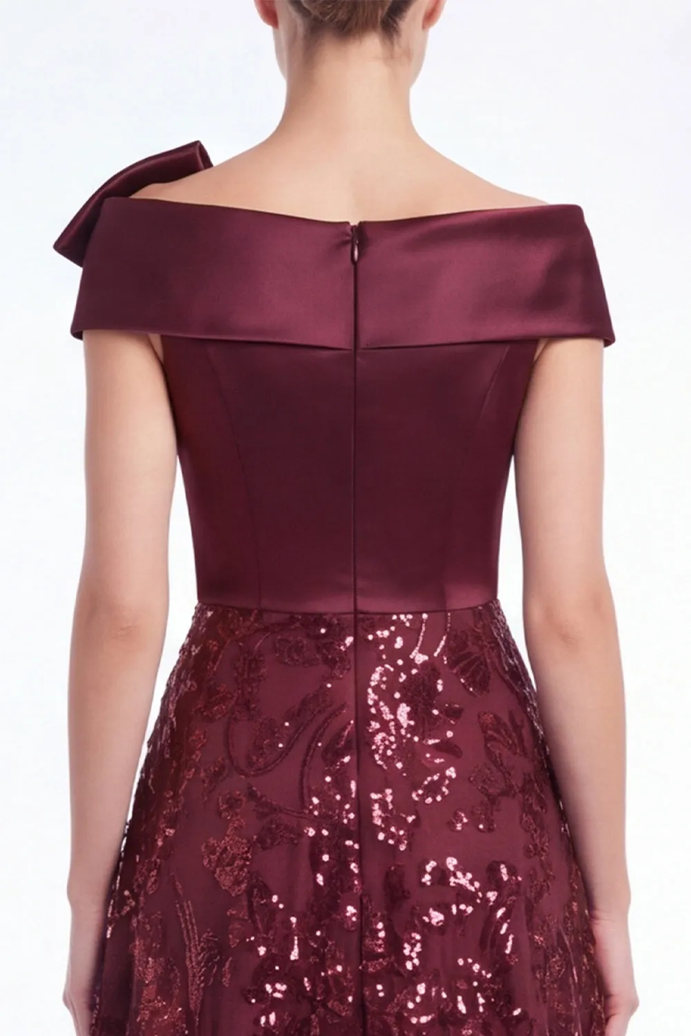 Burgundy Off the Shoulder A-Line Sequins Mother Of The Bride Dress with Bow sold by Zapaka product image thumbnail 4