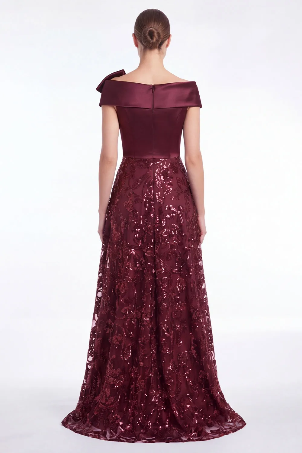 Burgundy Off the Shoulder A-Line Sequins Mother Of The Bride Dress with Bow sold by Zapaka product image thumbnail 2