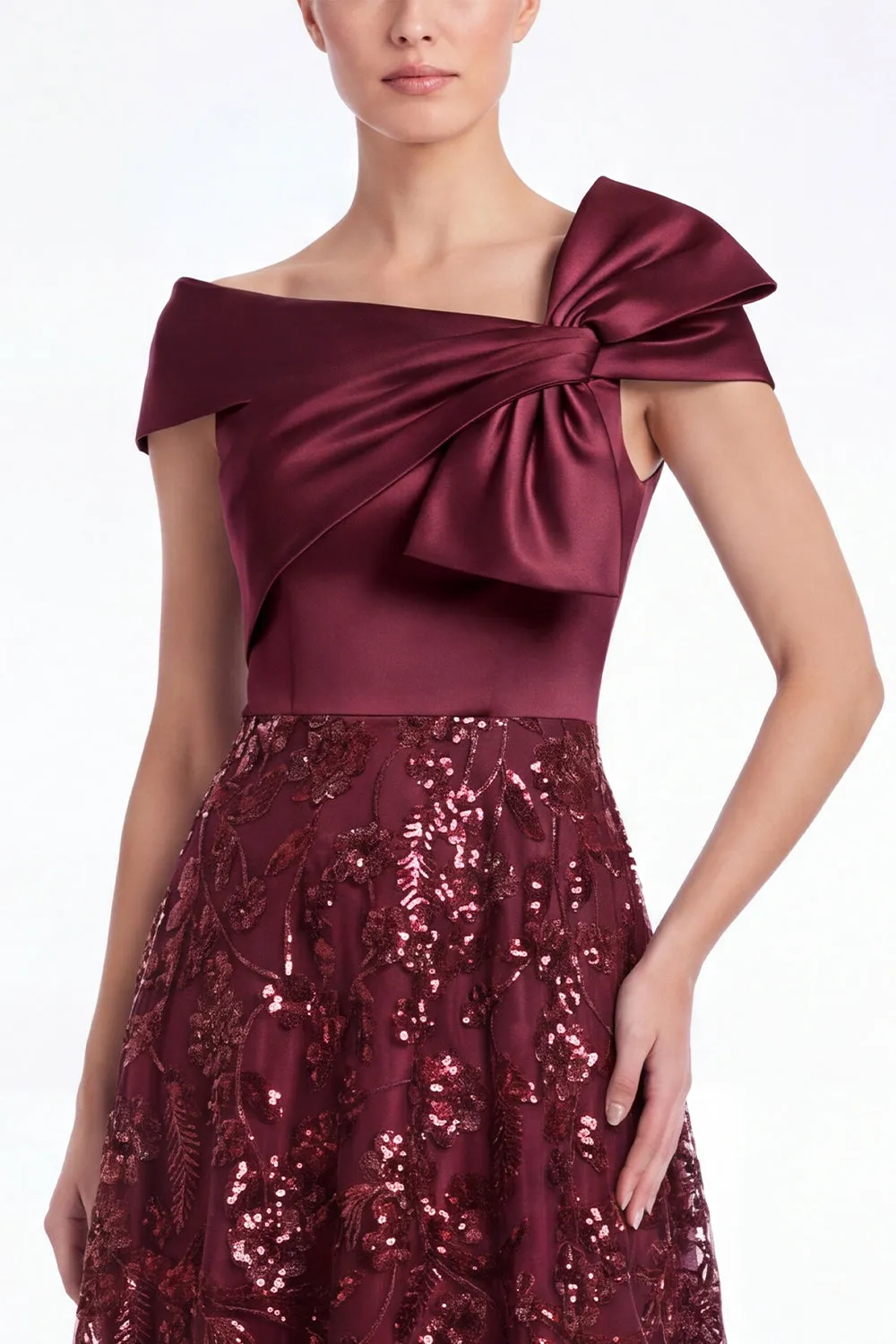 Burgundy Off the Shoulder A-Line Sequins Mother Of The Bride Dress with Bow sold by Zapaka product image thumbnail 3