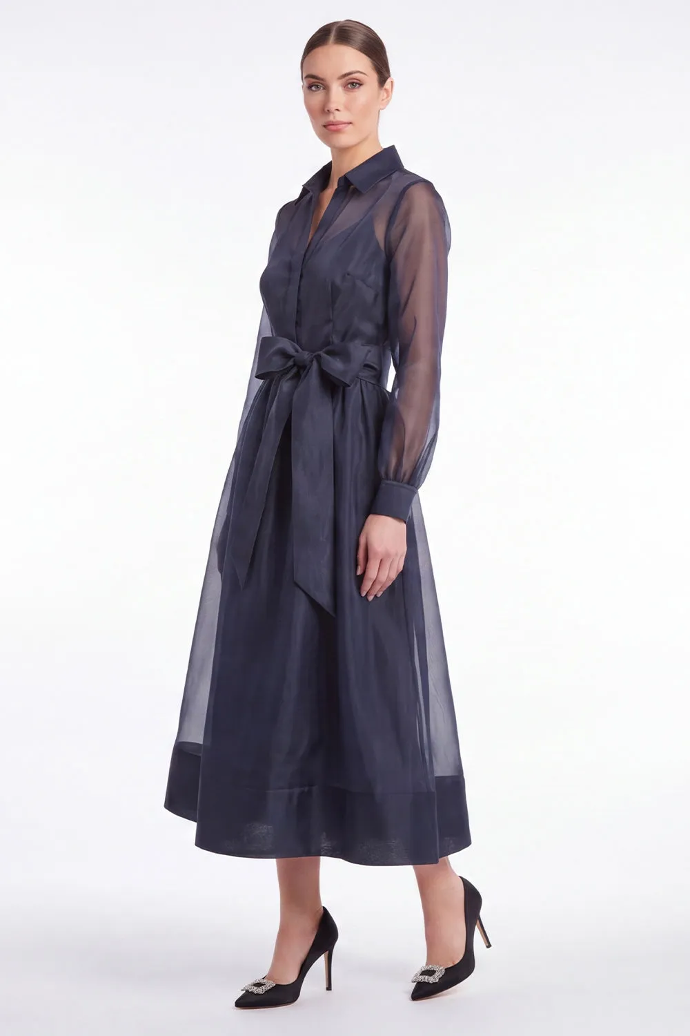 Dark Navy A-Line Long Sleeves Midi Dress with Belt sold by Zapaka product image thumbnail 3