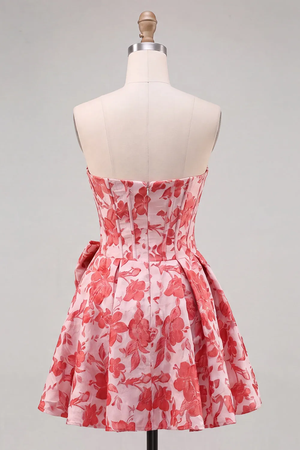 Red A-Line Strapless Corset Jacquard Floral Homecoming Dress with Bow sold by Zapaka product image thumbnail 2