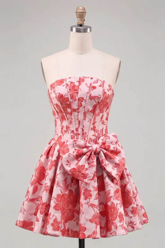 Red A-Line Strapless Corset Jacquard Floral Homecoming Dress with Bow made by Zapaka