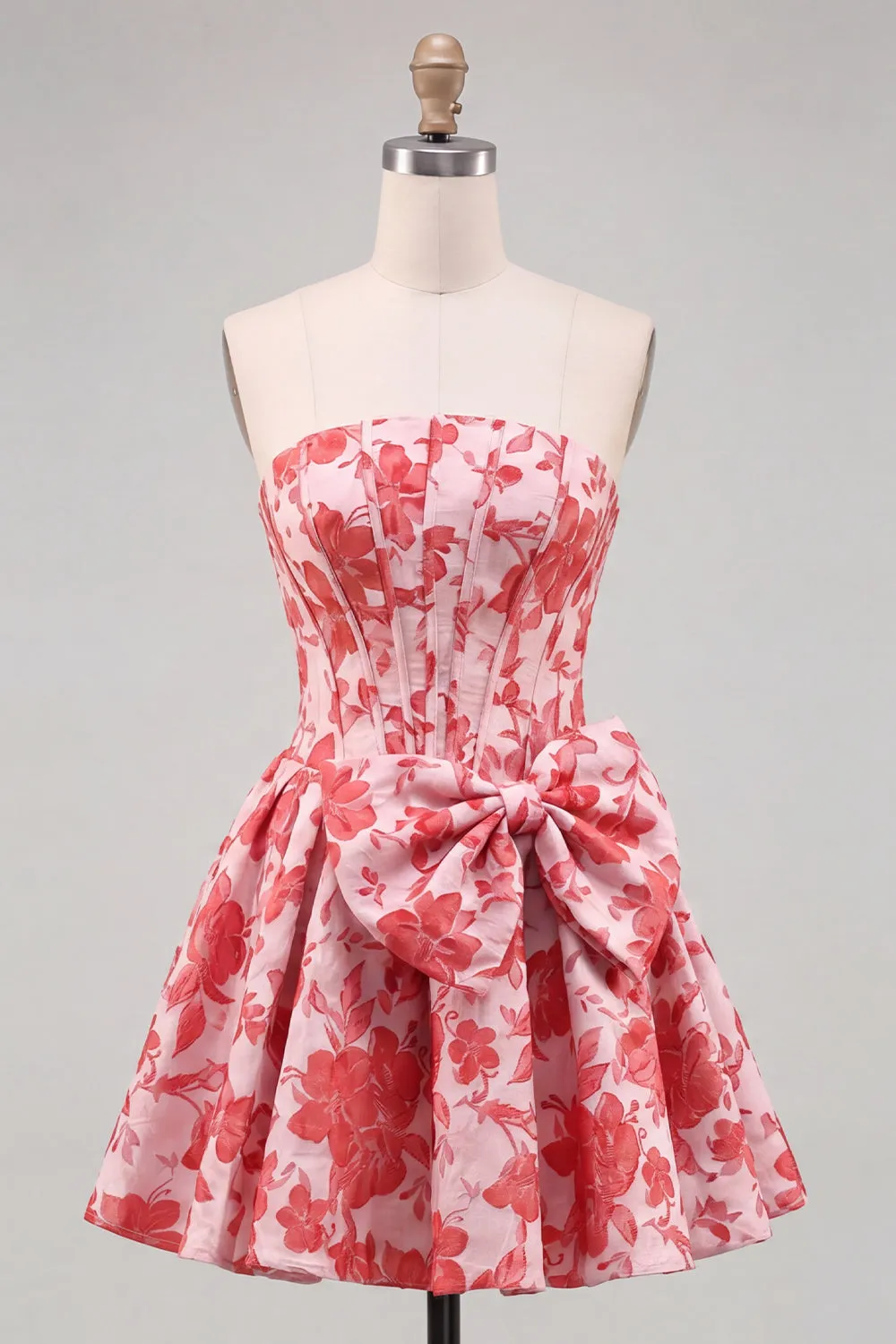 Red A-Line Strapless Corset Jacquard Floral Homecoming Dress with Bow sold by Zapaka